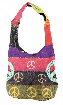 Cotton Patchwork Multi-Embroidered Peace Sign Print Bag - HalfMoonMusic