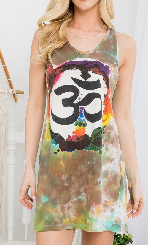 Women's Cotton Tie-Dye Rainbow Om Meditation Tunic Tank Dress - HalfMoonMusic