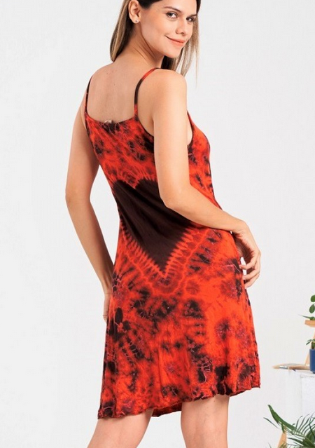 Women's Rayon Spandex Tie-Dye Sleeveless Love Heart Print Strap Dress - HalfMoonMusic