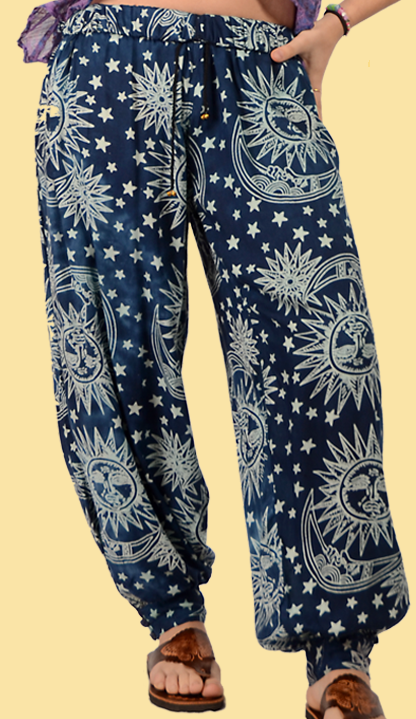 Celestial Print Rayon Button Cuff Harem Pants - HalfMoonMusic