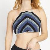Womens Striped Cotton Crochet Halter Crop Top - HalfMoonMusic