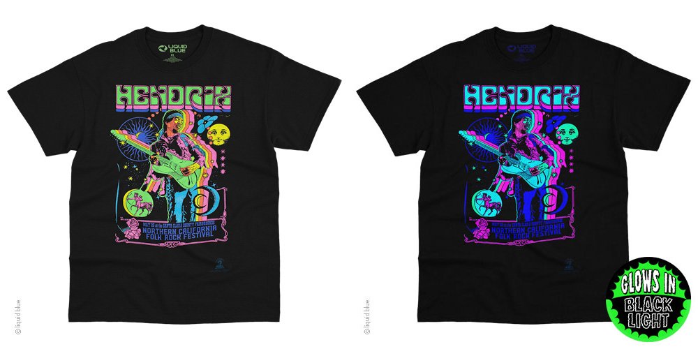 Mens Jimi Hendrix Blacklight Guitar T-Shirt - HalfMoonMusic