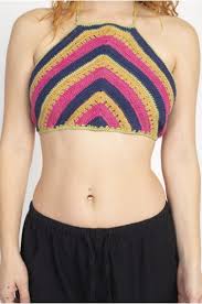 Womens Striped Cotton Crochet Halter Crop Top - HalfMoonMusic
