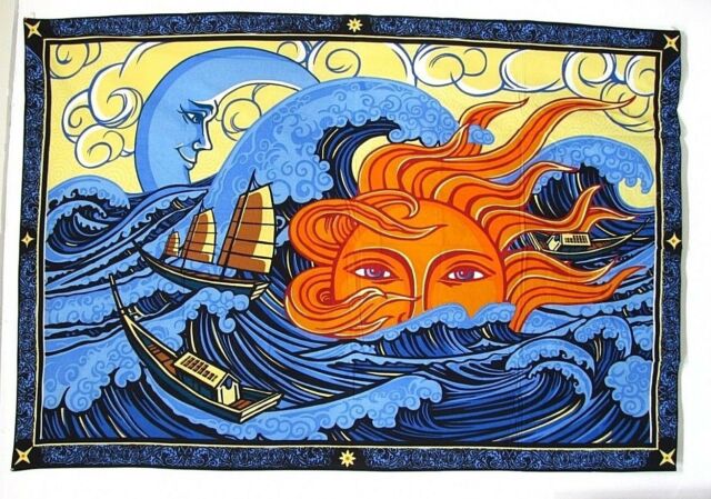 Sun Moon Waves Celestial Ocean 3D Tapestry - HalfMoonMusic