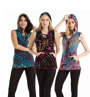 Women's Tie Dye Spandex Hooded Sleeveless Top - HalfMoonMusic