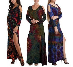 Tie Dye Spandex Cold Shoulder Dress with Slit - HalfMoonMusic