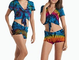 Womens Tie Dye Tie Scrunch Front Spandex Crop Top - HalfMoonMusic