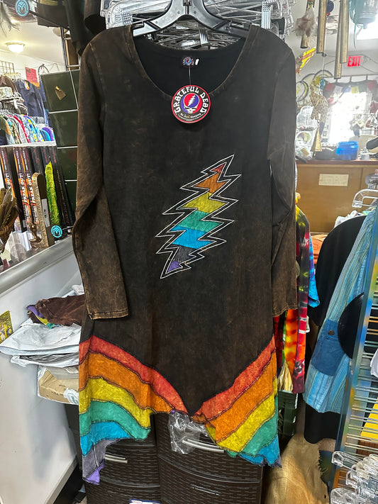 Women's Patchwork Stonewash Razor Cut Rainbow Bolt Dress