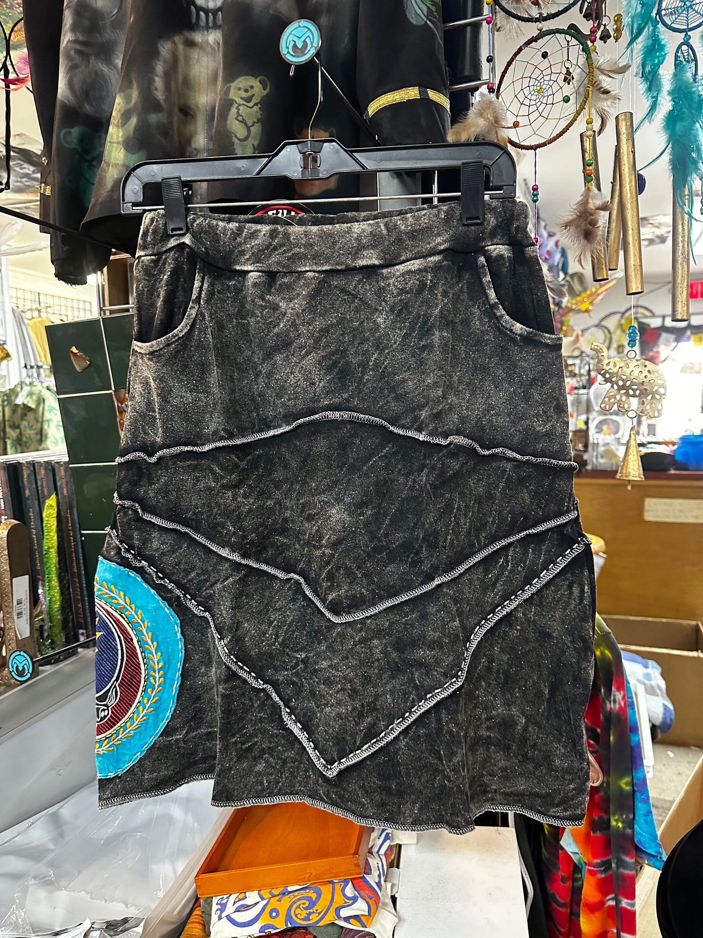 Women's Stonewash Patchwork SYF Embroidered Mini Skirt