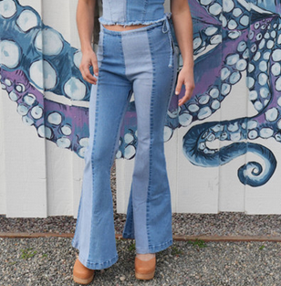 Women's Soft Stretch Denim 2 Tone Paneled Drawstring Side Zip Bell Bottom Pants