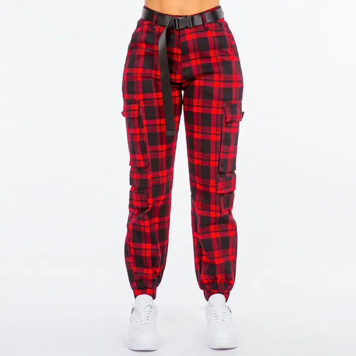 Women's High Waist Plaid Patter Jogger Pants