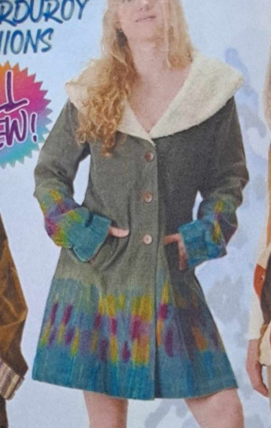 Women's Corduroy Tie-Dye Sherpa Fleece Trimmed Winter Jacket