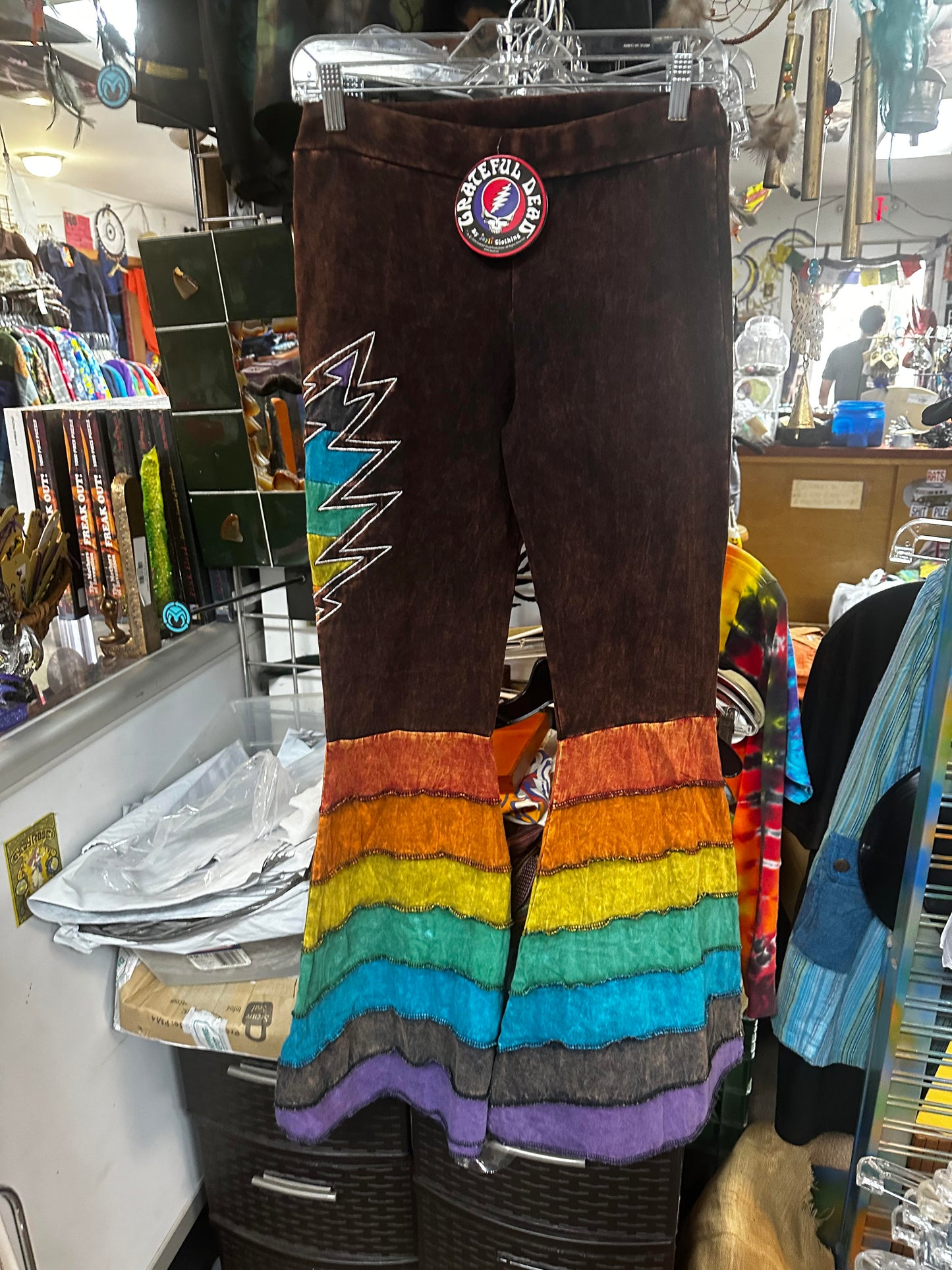 Women's Stonewash Patchwork Razor Cut Rainbow Bolt Bell Bottoms