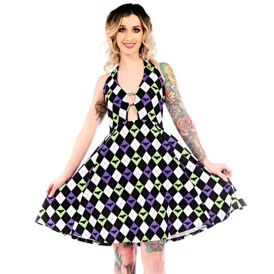 Sourpuss Bat Argyle Peekaboo Halter Dress