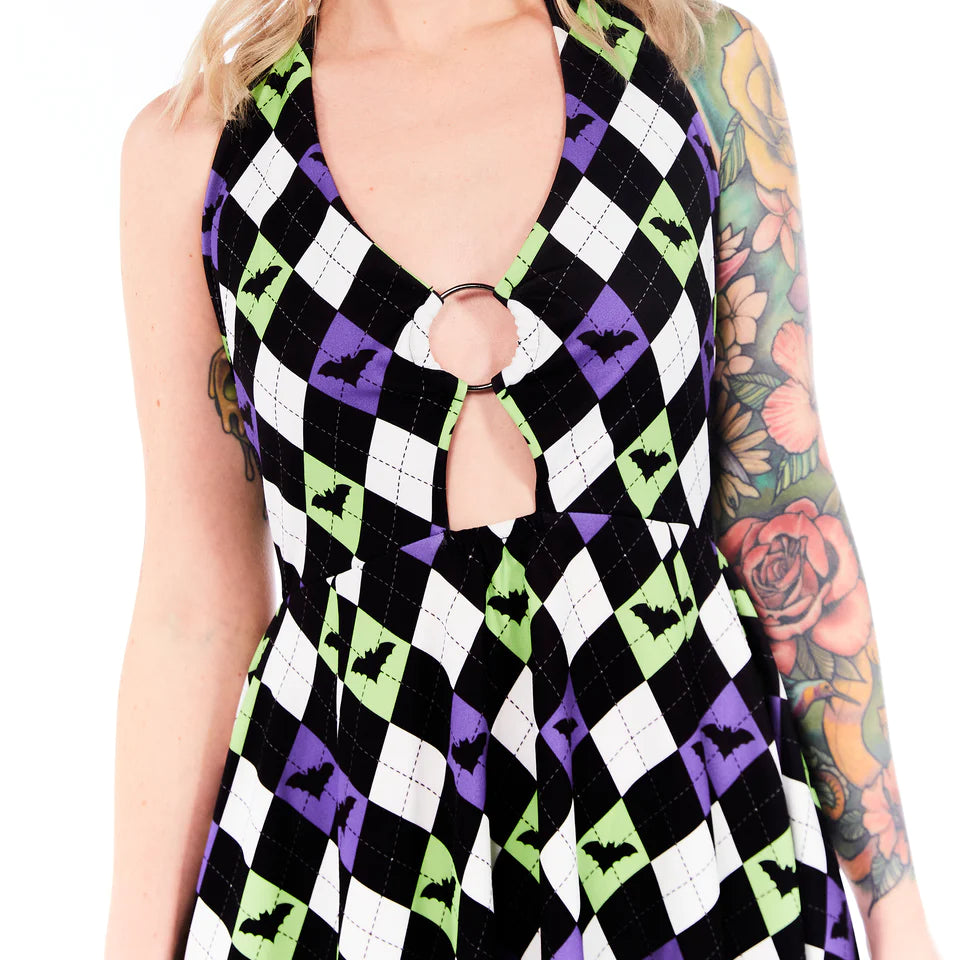 Sourpuss Bat Argyle Peekaboo Halter Dress