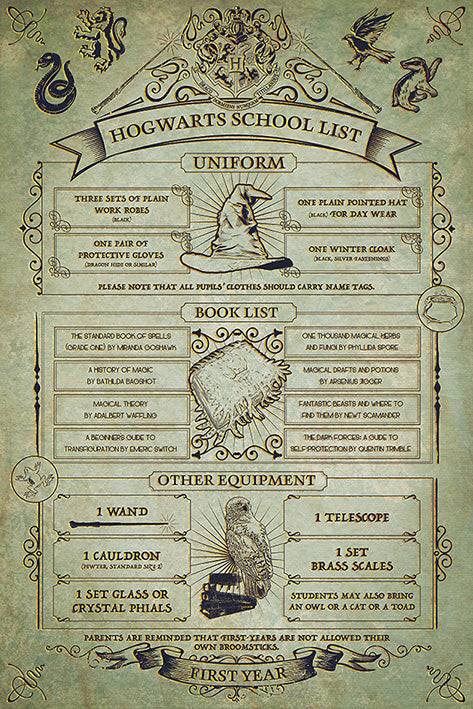 11x17 Harry Potter Hogwartz School List Countertop Poster - HalfMoonMusic