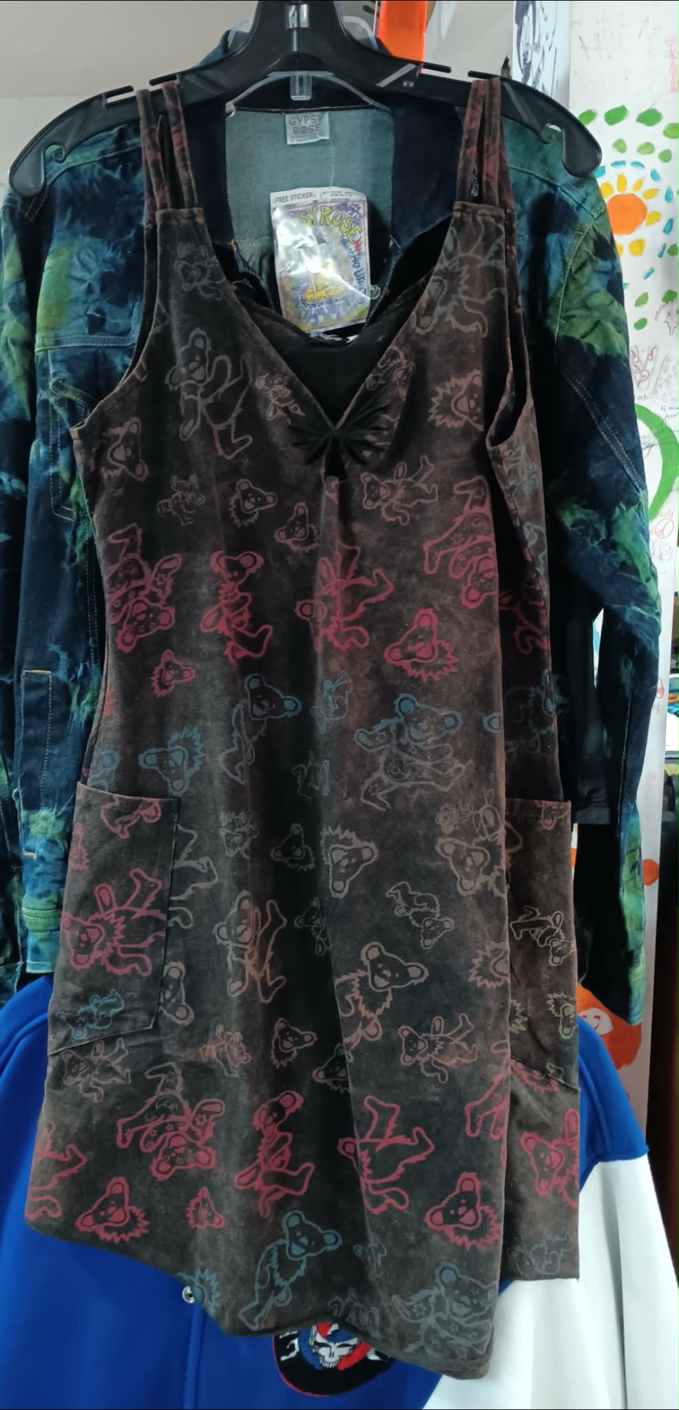 Women's Stonewashed Cotton Lycra Grateful Dead Rainbow Dancing Bear Spaghetti Strap Short Dress