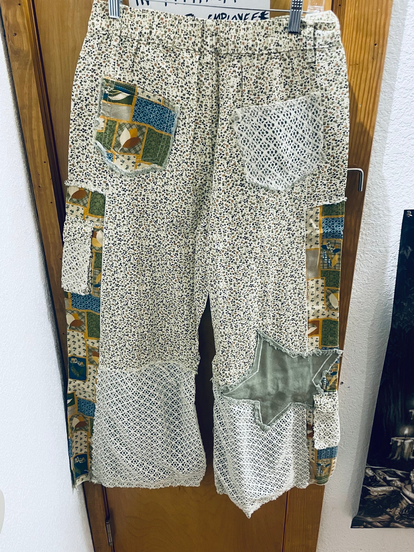 Unisex Floral Print Star Patchwork Twill Pants