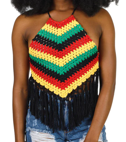 Women's Rasta Striped Fringe Tie-Back Halter Top - HalfMoonMusic