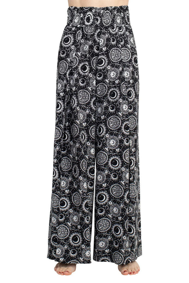 Women's Viscose Flowy Celestial Space Print Slit-Side Pants - HalfMoonMusic