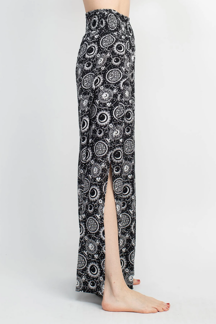 Women's Viscose Flowy Celestial Space Print Slit-Side Pants - HalfMoonMusic