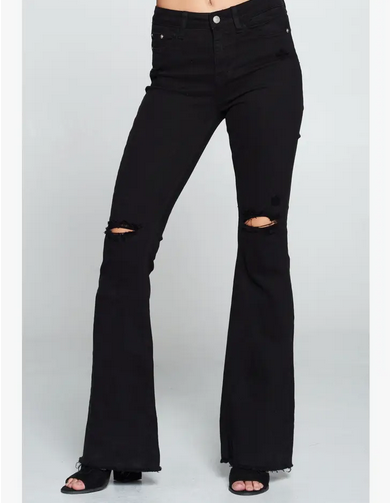 Women's Black Distressed High Rise Flare Jeans - HalfMoonMusic