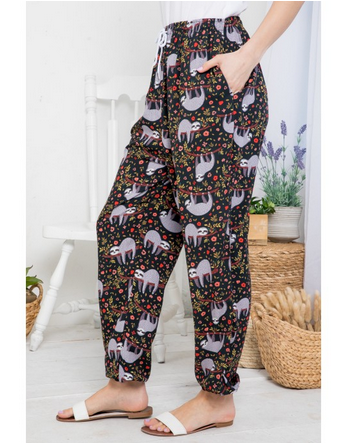 Women's All Over Sloth Print Drawstring Pants - HalfMoonMusic