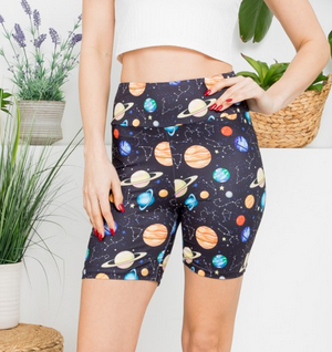 Women's Poly Spandex Space Planets Print Biker Shorts - HalfMoonMusic