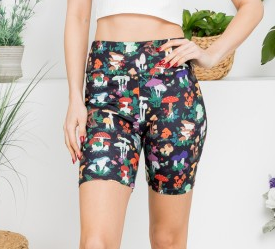 Women's Poly Spandex Mushroom Garden Print Biker Shorts - HalfMoonMusic