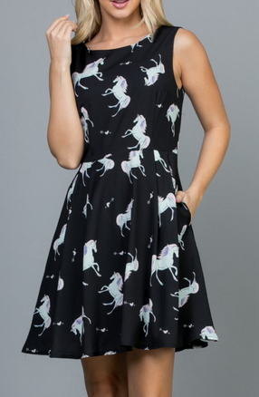 Women's Polyester Unicorn Print Sleeveless Short Dress - HalfMoonMusic