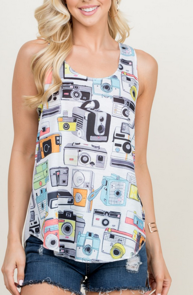 Women's Vintage Camera Print Tank Top - HalfMoonMusic