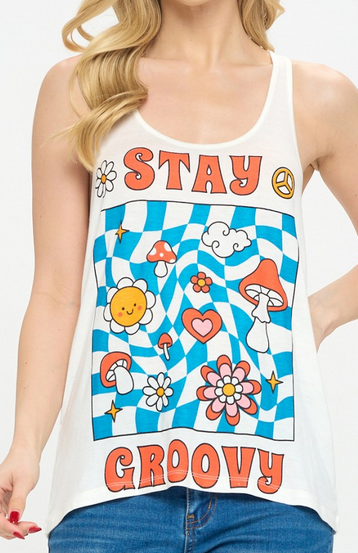 Women's Rayon Stay Groovy Mushroom Flowers Tank Top - HalfMoonMusic