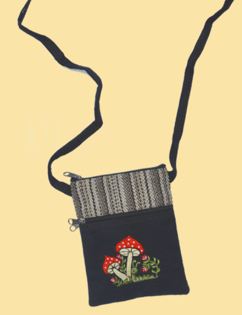 Hand Embroidered 3-Zipper Mushroom Passport Bag - HalfMoonMusic