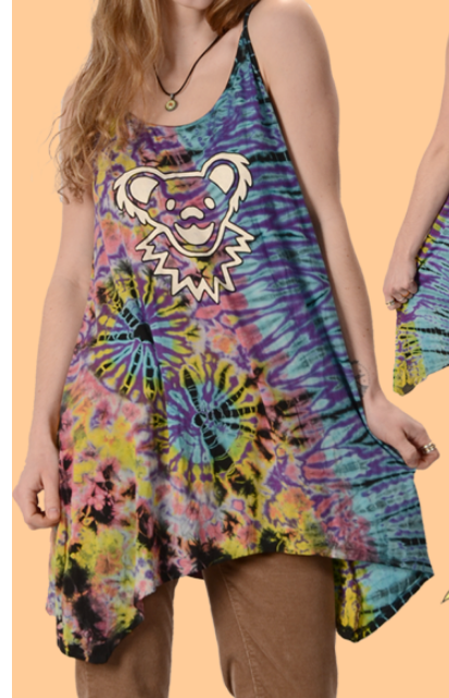 Women's Spandex Grateful Dead Bear Tie-Dye Cross Back Strap Tunic Top - HalfMoonMusic