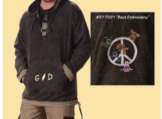 Hooded Jacket With Dancing Bears Hanging From Peace Sign Embroidery - HalfMoonMusic