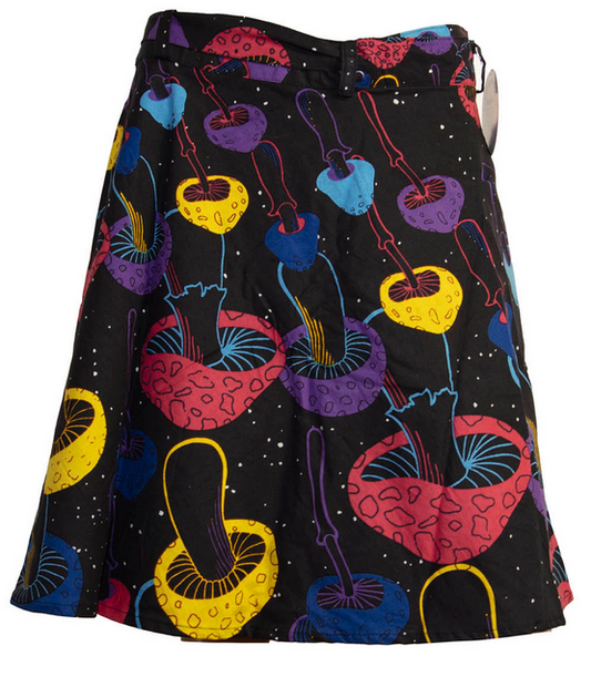Women's Cotton Magic Mushroom Print Short Wrap Skirt with Zip Pocket - HalfMoonMusic