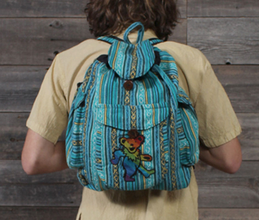 Cotton Backpack With Grateful Dead Bear Embroidery - HalfMoonMusic