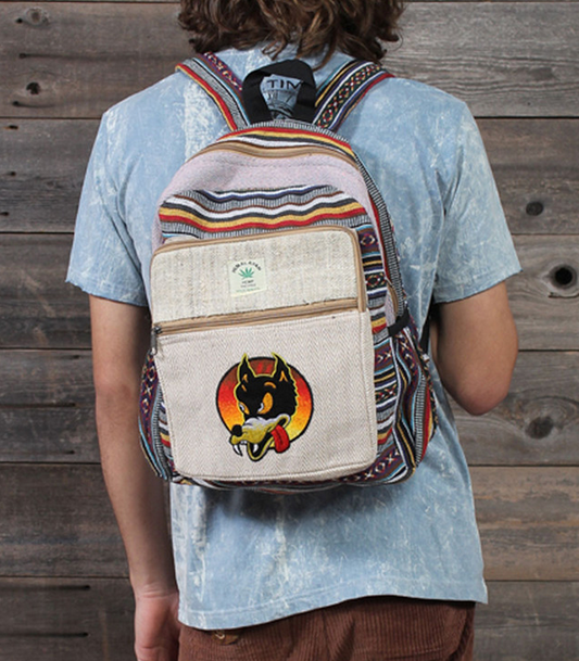 Hemp Cotton Backpack With Grateful Dead Dire Wolf Embroidery - HalfMoonMusic