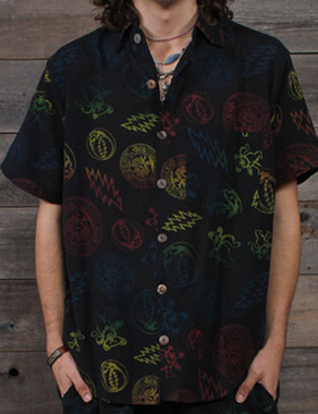 Grateful Dead Men's Plain Button Up Shirt w/ Multi GD Rainbow Print Black - HalfMoonMusic