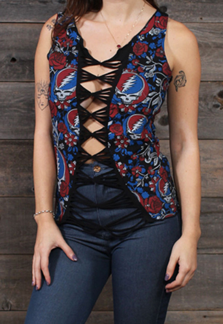 Women's Cotton Lycra Multi Steal Your Face & Rose Print Front & Back Center Razor Cut Braid No Sleeve Top - HalfMoonMusic