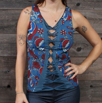 Women's Cotton Lycra Multi Steal Your Face & Rose Print Front & Back Center Razor Cut Braid No Sleeve Top - HalfMoonMusic