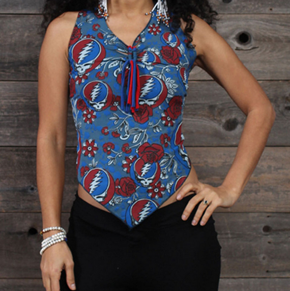 Women's Grateful Dead Cotton Lycra Multi Steal Your Face & Rose Print Crop Tank Top w/ Back Criss Cross - HalfMoonMusic