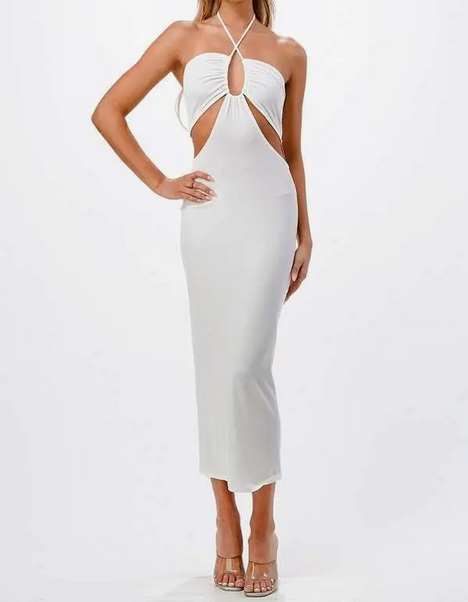 Women's Cut-Out Ruching Halter Midi Dress - HalfMoonMusic