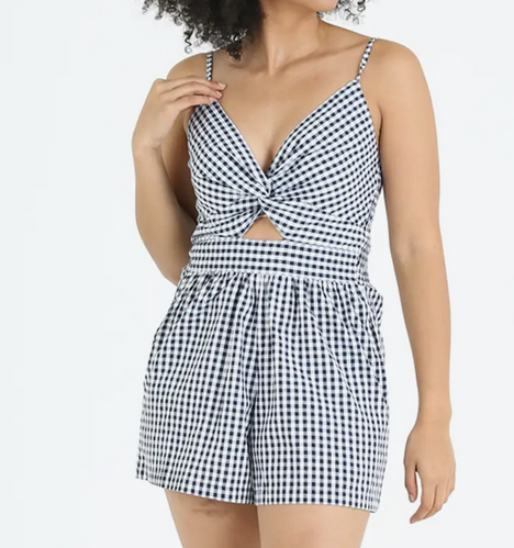 Checkered Spaghetti Strap Romper With Chest Cut Out - HalfMoonMusic
