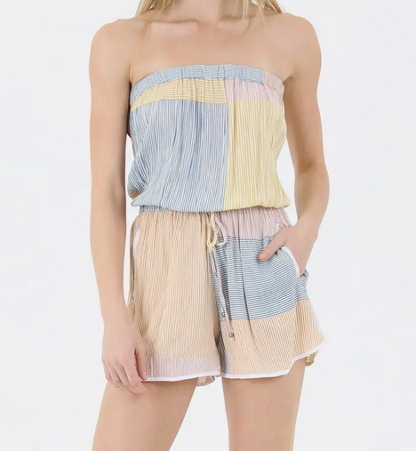 Women's Strapless Striped Color Block Romper - HalfMoonMusic