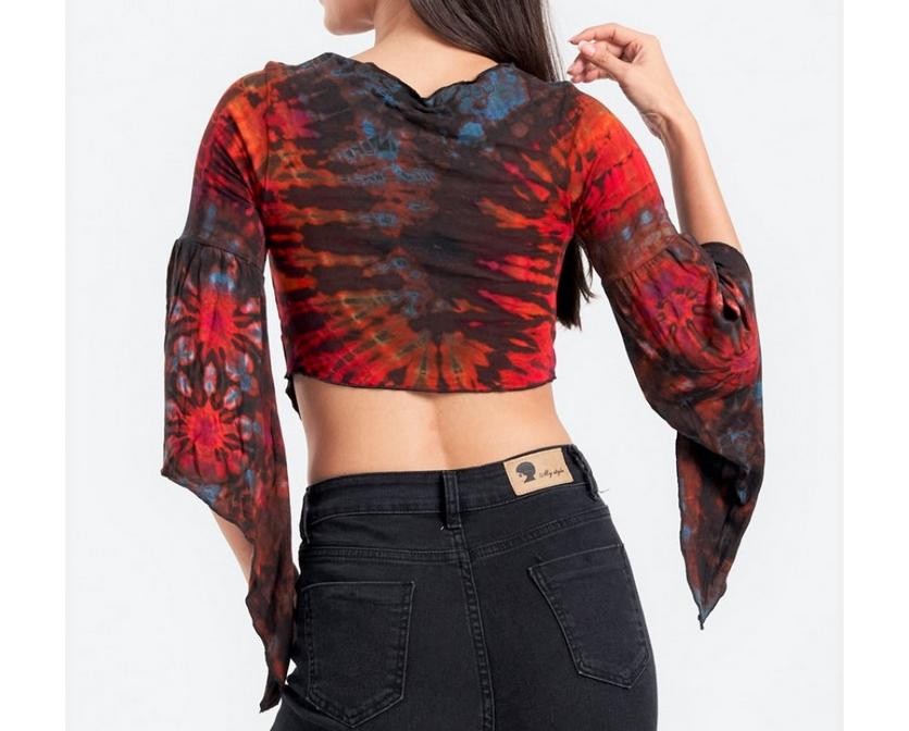 Women's Rayon Spandex Tie-Dye Bell Sleeve Crop Top - HalfMoonMusic
