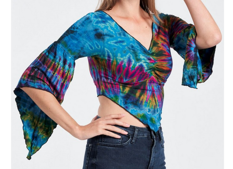Women's Rayon Spandex Tie-Dye Bell Sleeve Crop Top - HalfMoonMusic