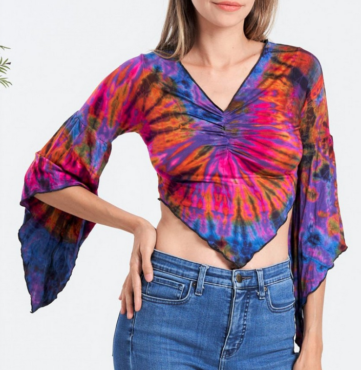 Women's Rayon Spandex Tie-Dye Bell Sleeve Crop Top - HalfMoonMusic