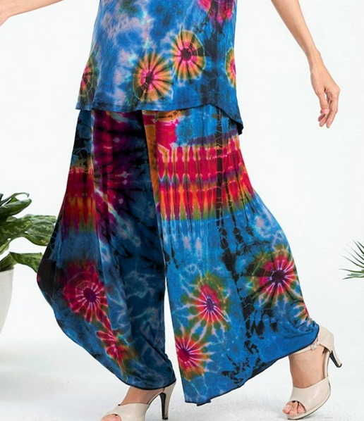 Women's Rayon Spandex Tie-Dye Wide Leg Plus Size Pants - HalfMoonMusic