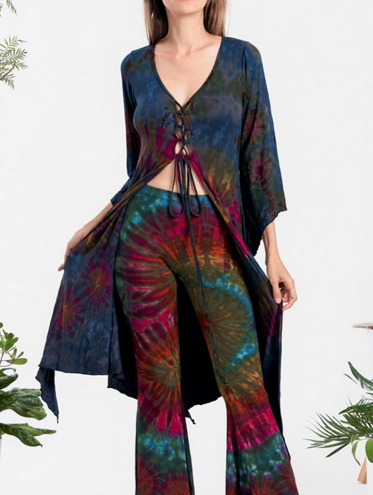 Women's Rayon Spandex Tie-Dye Laced-Front 3/4 Sleeves Long Top - HalfMoonMusic